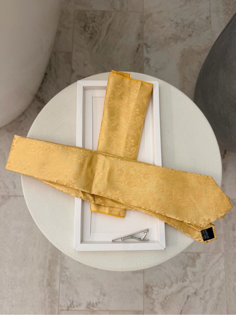 Gold Floral Jacquard Necktie and Pocket Square & Clip Set